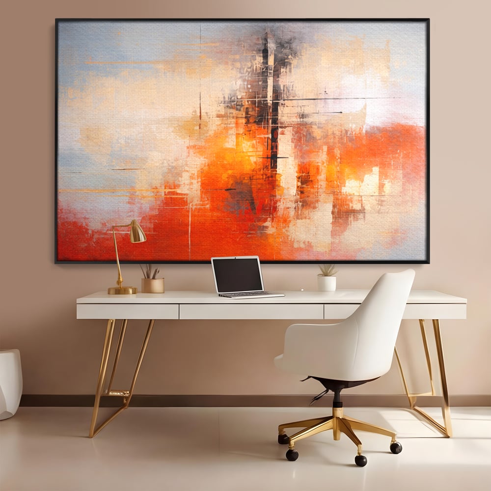 Tablou canvas cu tablou abstract cu structuri geometrice, in rama de aluminiu negru, pe perete intr-un birou